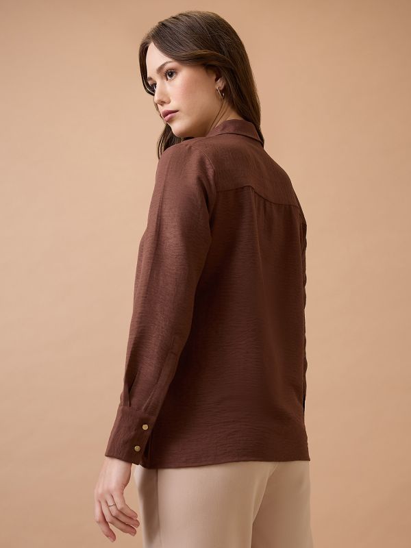 Globus Women Brown Collared Neck Cuffed Sleeves Shirt Style Workwear Top