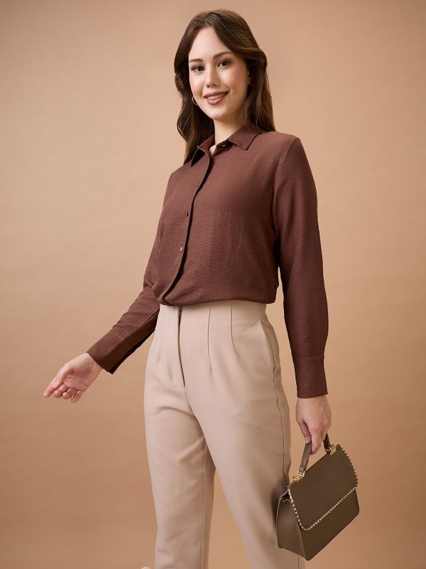 Globus Women Brown Collared Neck Cuffed Sleeves Shirt Style Workwear Top