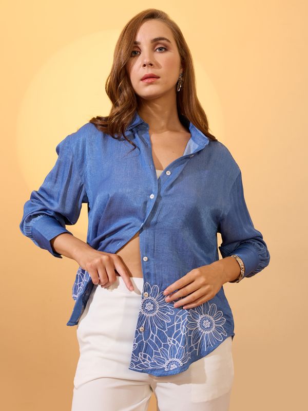 Globus Women Navy Blue Floral Embroidered Collared Neck Cuffed Sleeves Oversized Resort Shirt