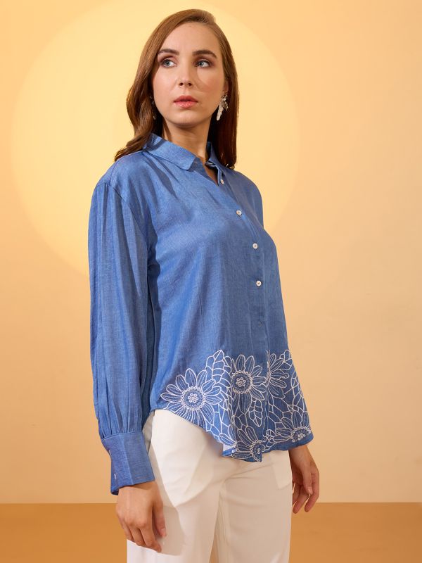 Globus Women Navy Blue Floral Embroidered Collared Neck Cuffed Sleeves Oversized Resort Shirt