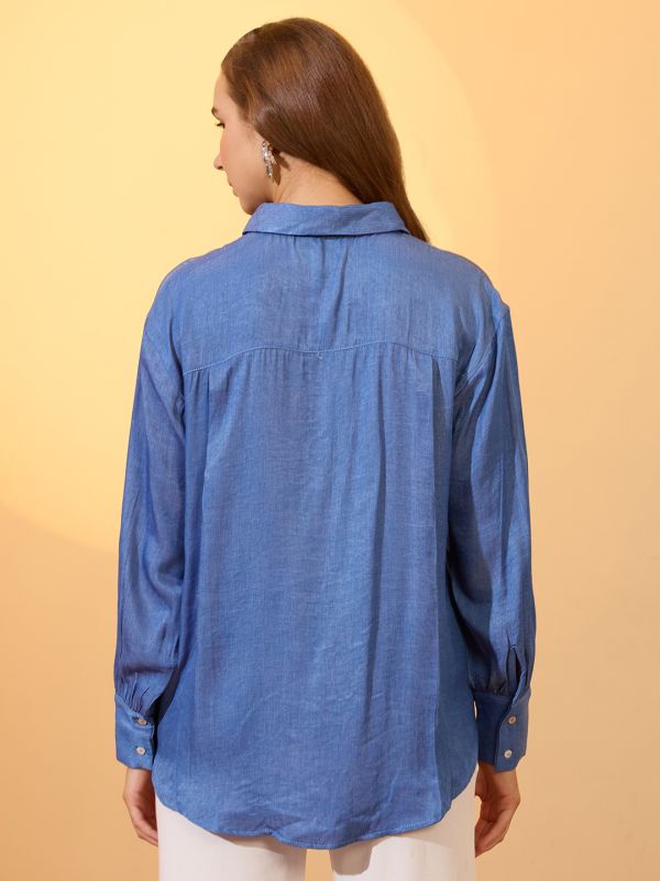 Globus Women Navy Blue Floral Embroidered Collared Neck Cuffed Sleeves Oversized Resort Shirt