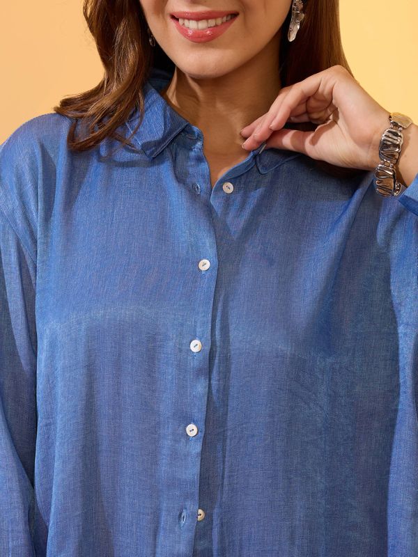 Globus Women Navy Blue Floral Embroidered Collared Neck Cuffed Sleeves Oversized Resort Shirt