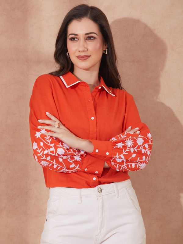 Globus Women Rust Collared Neck Floral Embroidered Cuff Sleeves Curved Hem Shirt