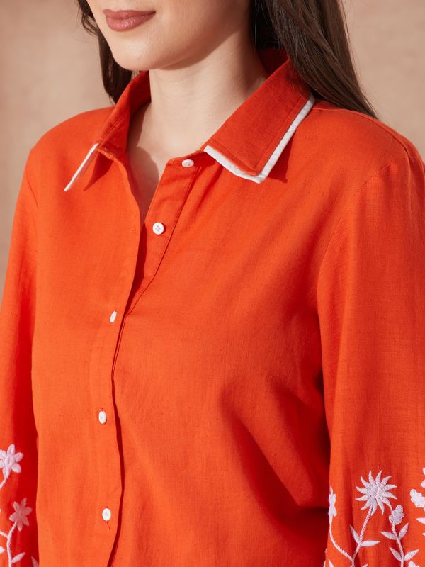 Globus Women Rust Collared Neck Floral Embroidered Cuff Sleeves Curved Hem Shirt