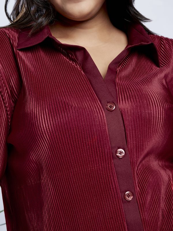 Globus Gloplus Women Maroon Self Design Accordion Pleats Shirt Style Top with Wide Leg Trousers Plus Size Party Co-Ord Set