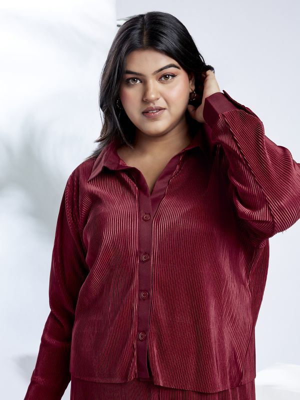 Globus Gloplus Women Maroon Self Design Accordion Pleats Shirt Style Top with Wide Leg Trousers Plus Size Party Co-Ord Set