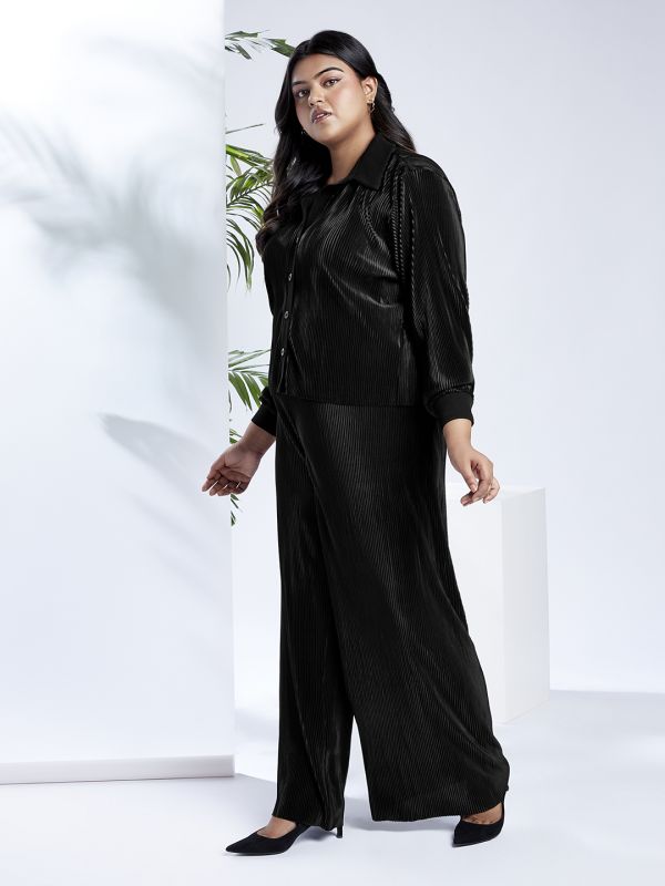Globus Gloplus Women Black Self Design Accordion Pleats Shirt Style Top with Wide Leg Trousers Plus Size Party Co-Ord Set