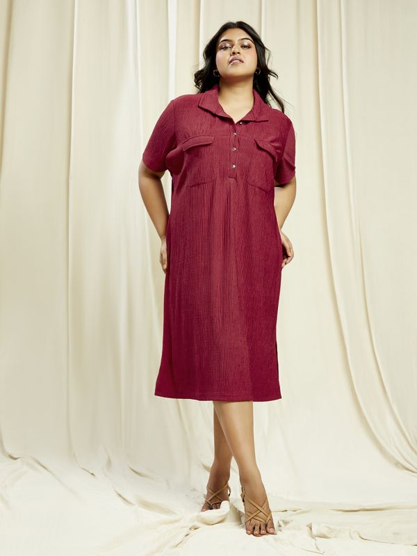 Globus Gloplus Women Maroon Shirt Collar Self Design Pocket Detail Side Slits Plus Size Midi Sheath Dress