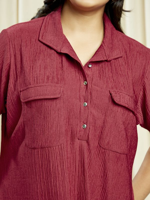 Globus Gloplus Women Maroon Shirt Collar Self Design Pocket Detail Side Slits Plus Size Midi Sheath Dress