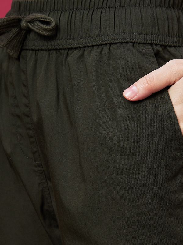 Globus Women Olive Mid-Rise Elasticated Drawstring Waist Cargo Joggers