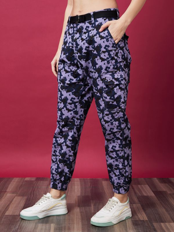 Globus Women Lavender Camo Printed Mid-Rise Regular Fit Casual Cargo