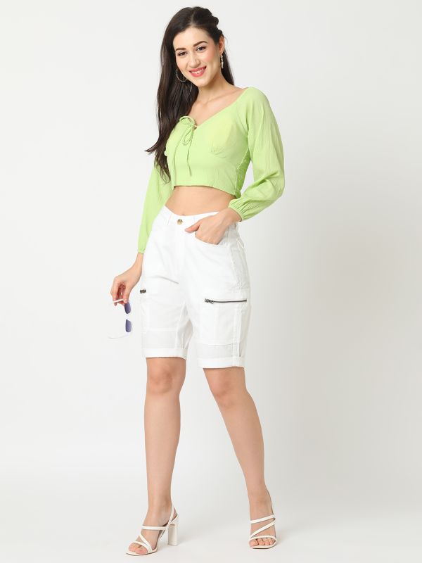 Globus Women White Stretchable Mid Rise Slim Fit Washed Cargo Shorts