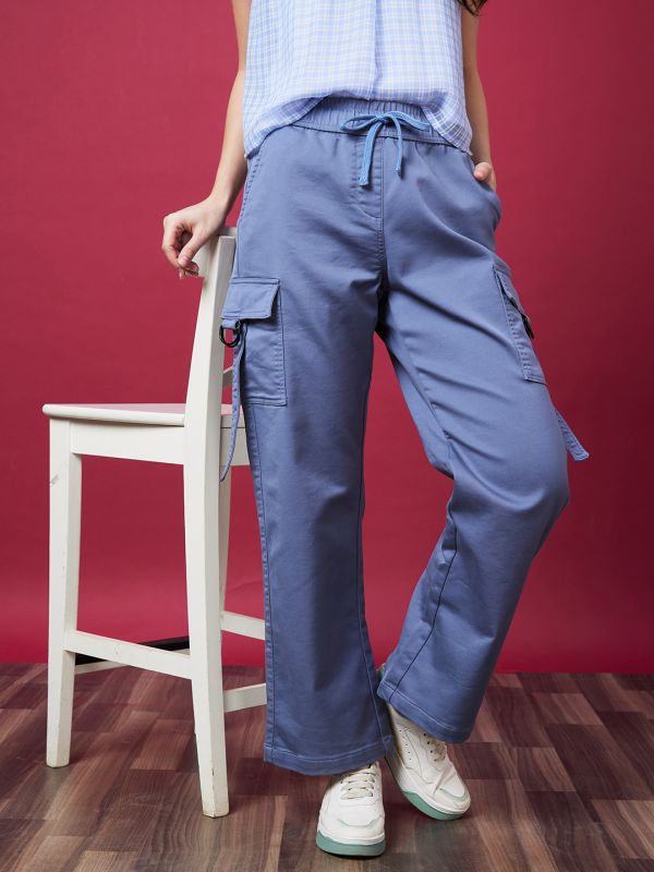 Globus Women Steel Blue Mid-Rise Elasticated Drawstring Waist Straight Fit Cargo Trousers