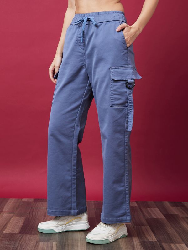 Globus Women Steel Blue Mid-Rise Elasticated Drawstring Waist Straight Fit Cargo Trousers