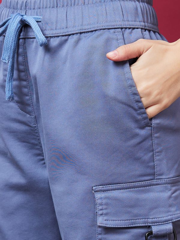 Globus Women Steel Blue Mid-Rise Elasticated Drawstring Waist Straight Fit Cargo Trousers