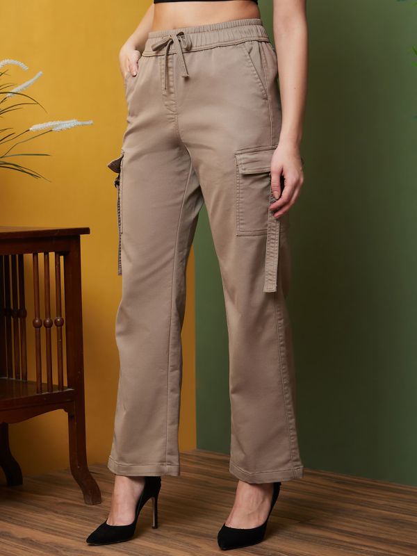 Globus Women Mouse Mid-Rise Elasticated Drawstring Waist Straight Fit Cargo Trousers