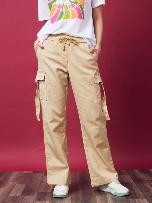 Globus Women Beige Mid-Rise Elasticated Drawstring Waist Straight Fit Cargo Trousers