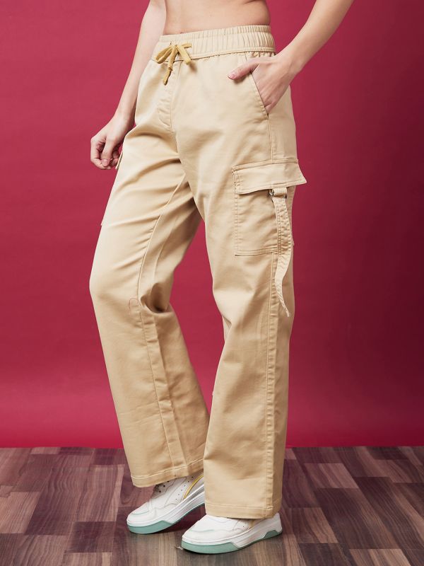 Globus Women Beige Mid-Rise Elasticated Drawstring Waist Straight Fit Cargo Trousers