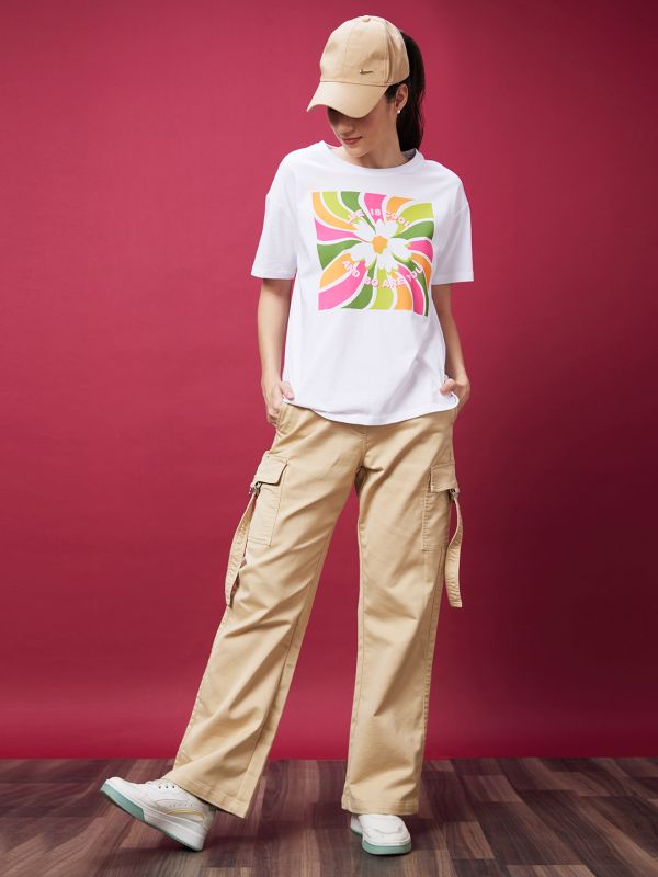 Globus Women Beige Mid-Rise Elasticated Drawstring Waist Straight Fit Cargo Trousers