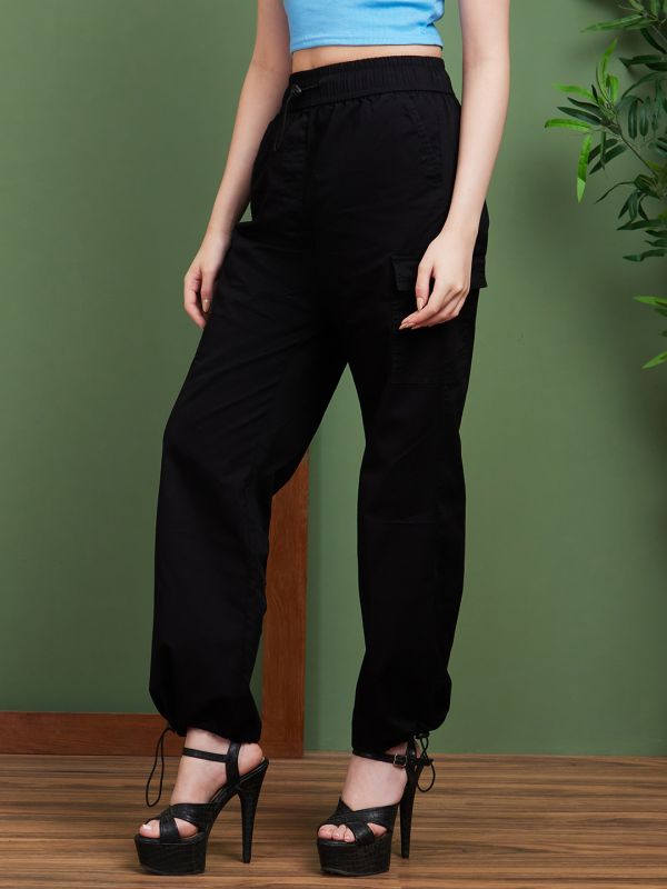 Globus Women Black Solid Cotton Straight Fit Casual Cargo Trousers