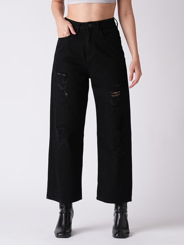 Globus Women Black Boyfriend Fit Distressed Jeans