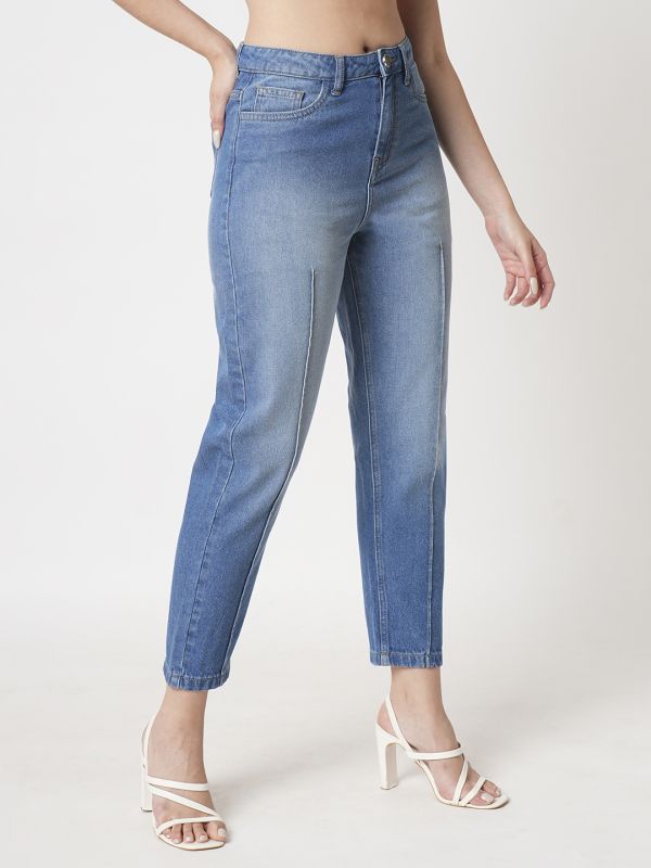 Globus Women Med Blue Light Fade Whiskers Effect High-Rise Boyfriend Fit Pintuck Jeans