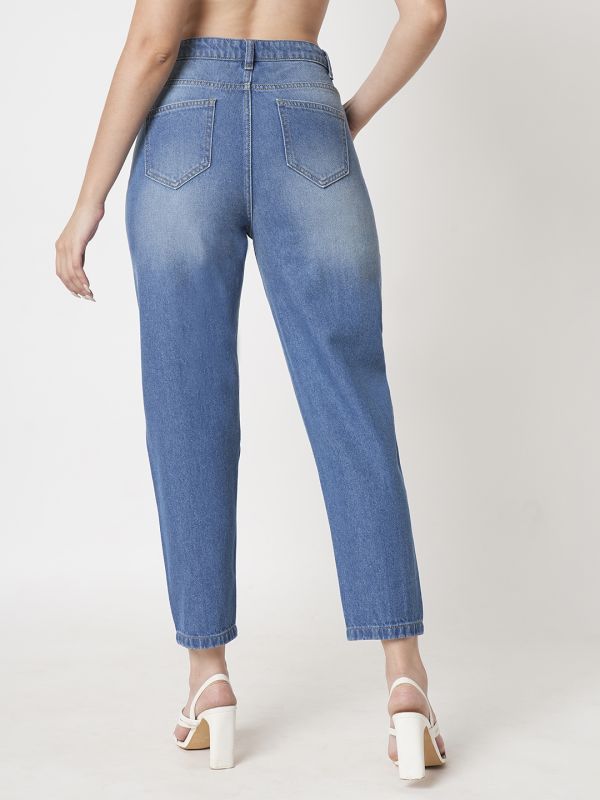 Globus Women Med Blue Light Fade Whiskers Effect High-Rise Boyfriend Fit Pintuck Jeans