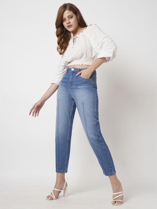 Globus Women Med Blue Light Fade Whiskers Effect High-Rise Boyfriend Fit Pintuck Jeans