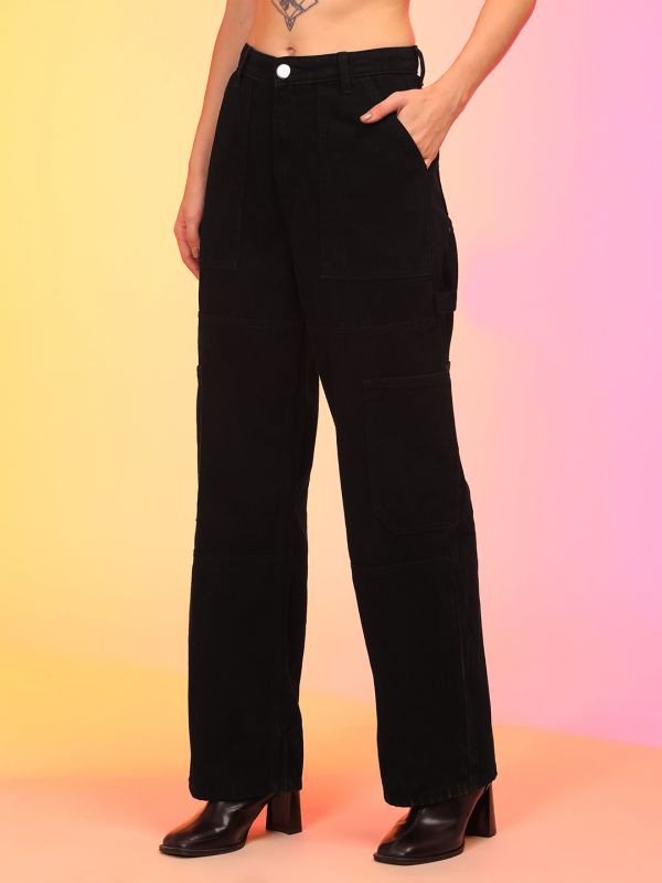 Globus Women Black Straight Fit Cargo Style Jeans With Belt Hoops