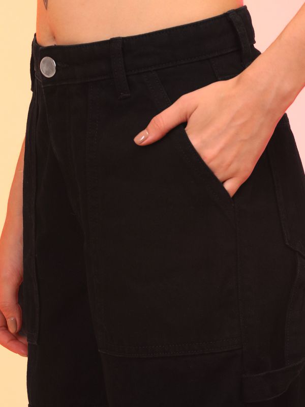 Globus Women Black Straight Fit Cargo Style Jeans With Belt Hoops
