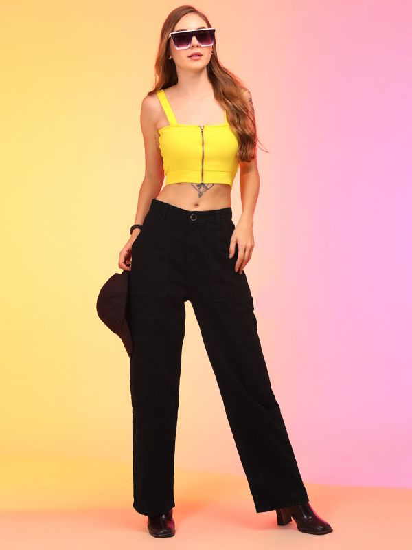 Globus Women Black Straight Fit Cargo Style Jeans With Belt Hoops
