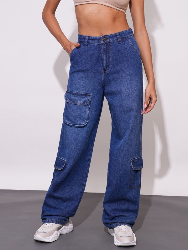Globus Women Med Blue Straight Fit Mid-Rise Clean Look Heavy Fade Cotton Cargo Style Jeans