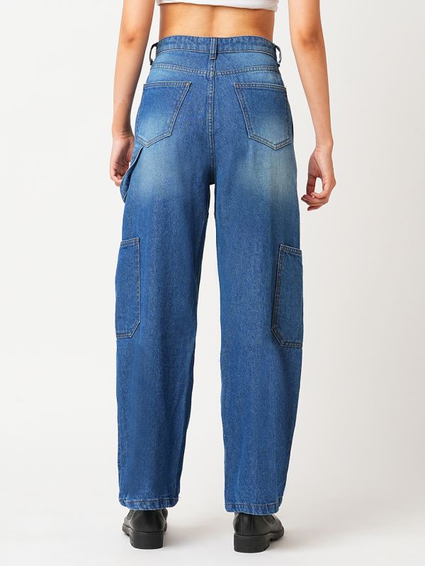 Globus Women Light Blue High Rise Straight Fit Washed Cargo Jeans