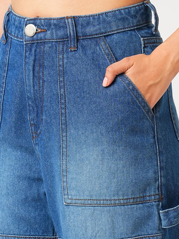 Globus Women Light Blue High Rise Straight Fit Washed Cargo Jeans