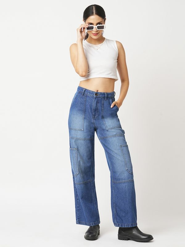 Globus Women Light Blue High Rise Straight Fit Washed Cargo Jeans