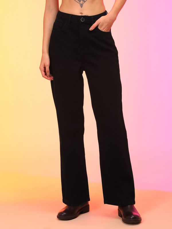 Globus Women Black Wide Leg Jeans With Belt Hoops