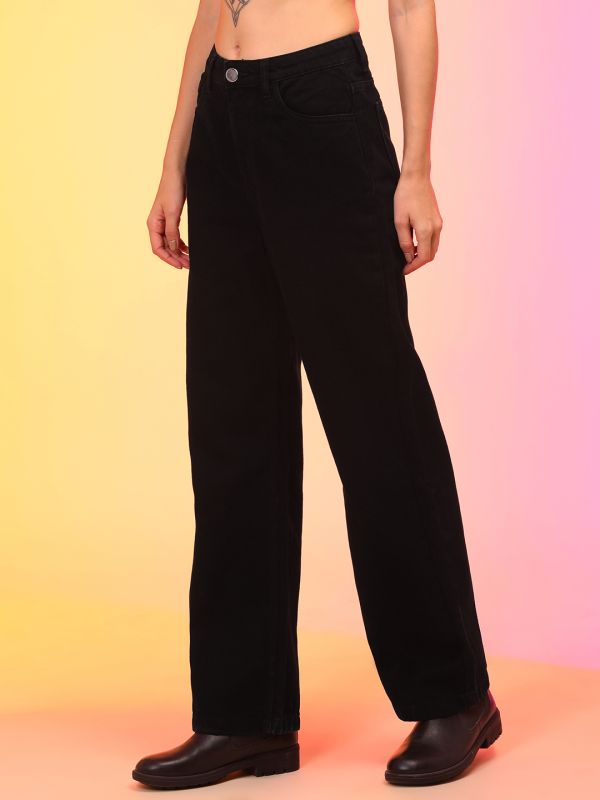 Globus Women Black Wide Leg Jeans With Belt Hoops