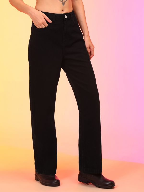 Globus Women Black Wide Leg Jeans With Belt Hoops