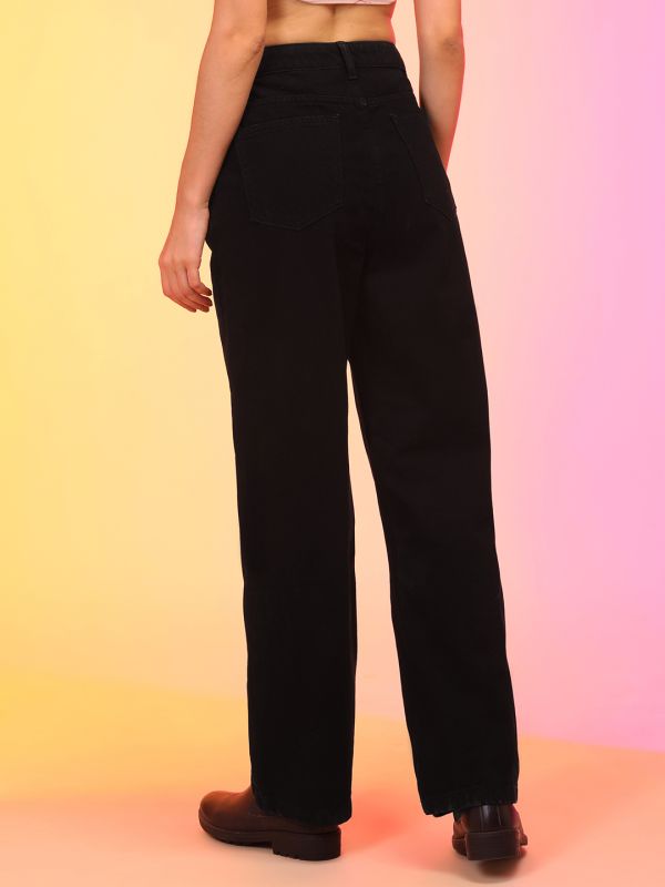 Globus Women Black Wide Leg Jeans With Belt Hoops