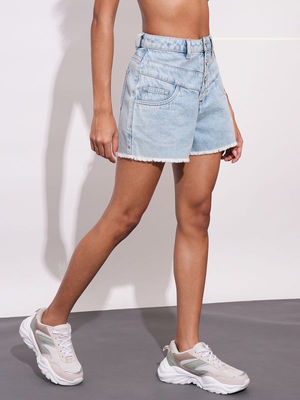 Globus Women Light Blue Slim Fit Mid-Rise Washed Frayed Hem Denim Shorts