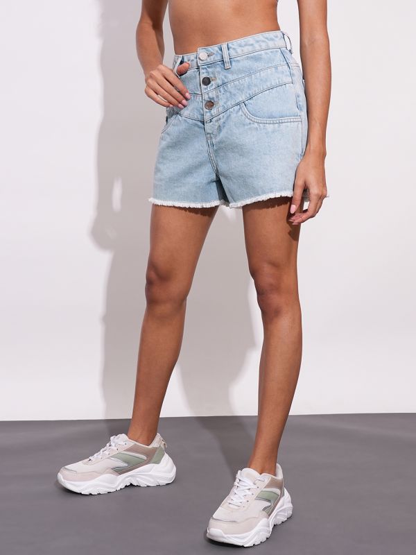 Globus Women Light Blue Slim Fit Mid-Rise Washed Frayed Hem Denim Shorts