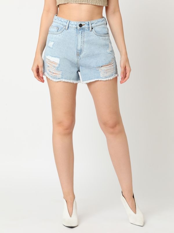 Globus Women Light Blue Mid Rise Washed Distressed Frayed Hem Denim Shorts