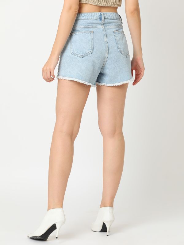 Globus Women Light Blue Mid Rise Washed Distressed Frayed Hem Denim Shorts