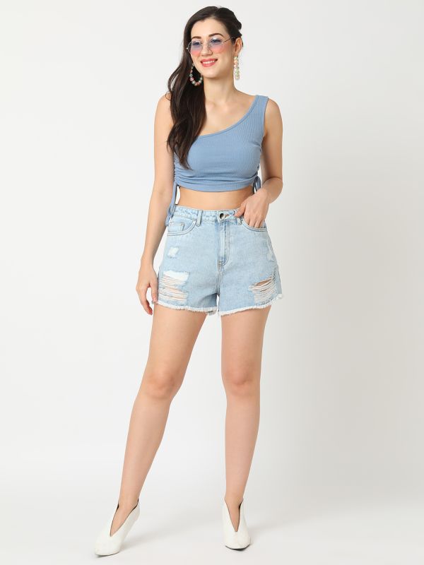Globus Women Light Blue Mid Rise Washed Distressed Frayed Hem Denim Shorts