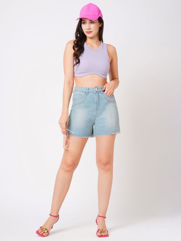Globus Women Light Blue Slim Fit Mid-Rise Washed Frayed Hem Denim Shorts