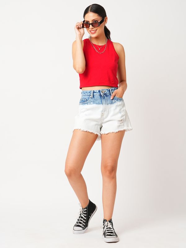 Globus Women Med Blue Washed Colourblock Slim Fit High Rise Frayed Denim Shorts