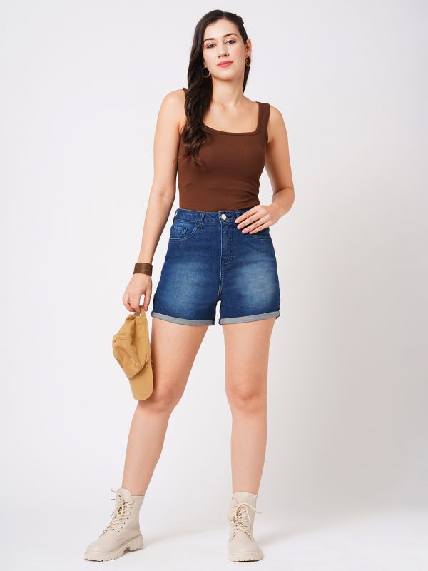 Globus Women Dark Blue Stretchable Mid-Rise Slim Fit Washed Denim Shorts