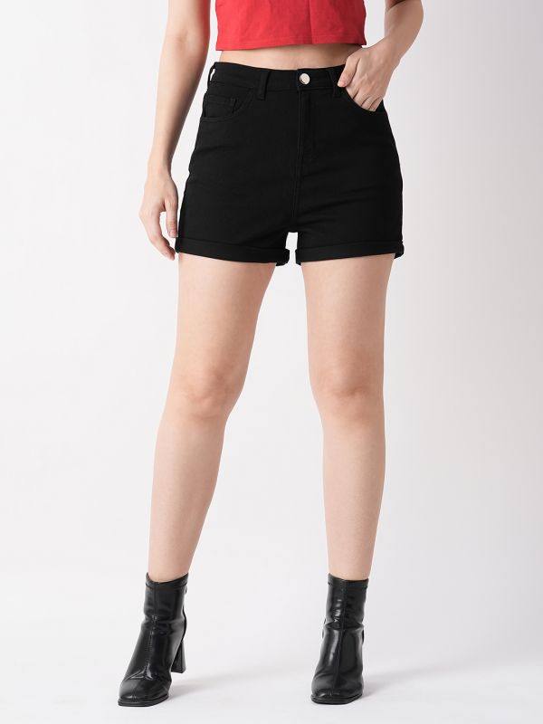 Globus Women Black Slim Fit Mid Rise Hot Short