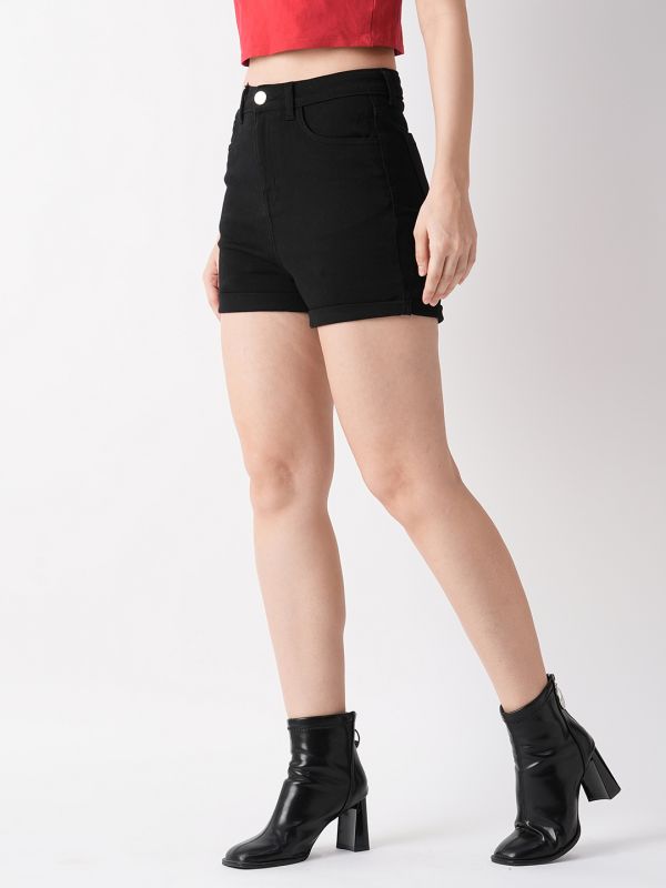 Globus Women Black Slim Fit Mid Rise Hot Short
