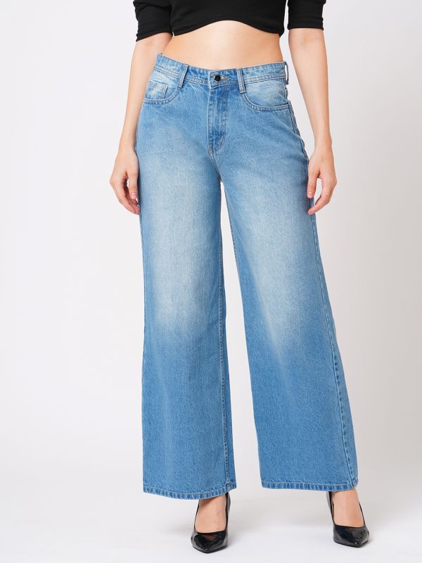 Globus Women Light Blue Flared Mid-Rise Clean Look Light Fade Cotton Jeans